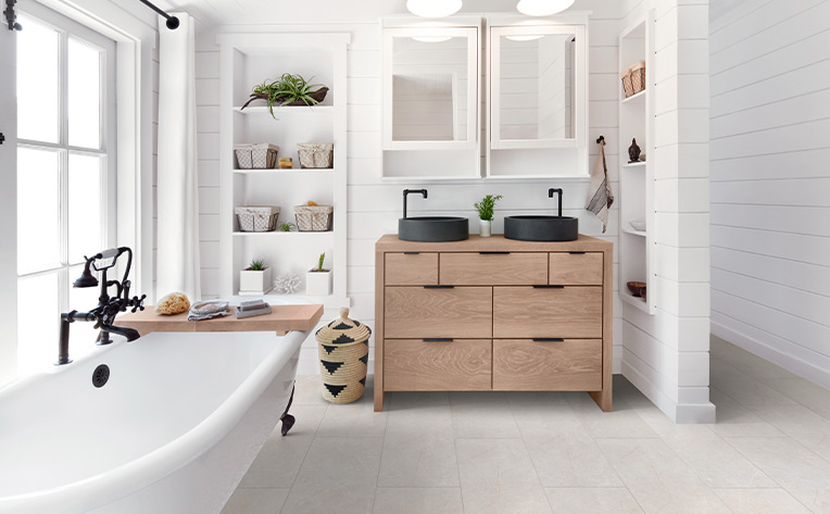 stone look luxury vinyl tile flooring in minimalist bathroom